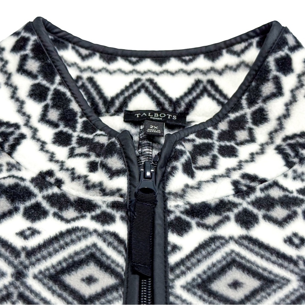 Talbots Womens 2X Black White Fair Isle Fleece Zip Jacket Geometric Nordic New - Picture 10 of 13